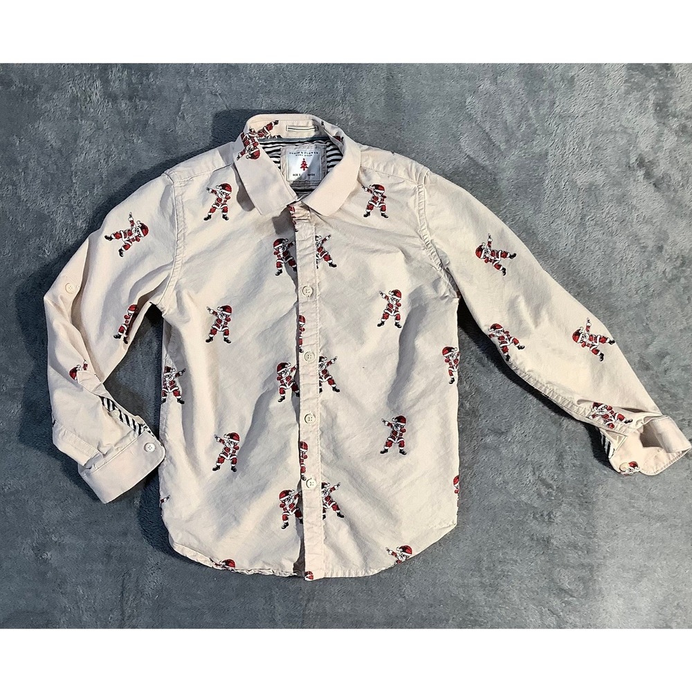 Denim & Flower Boys Size 8 Dabbing Santa Christmas Button Down Shirt Beige